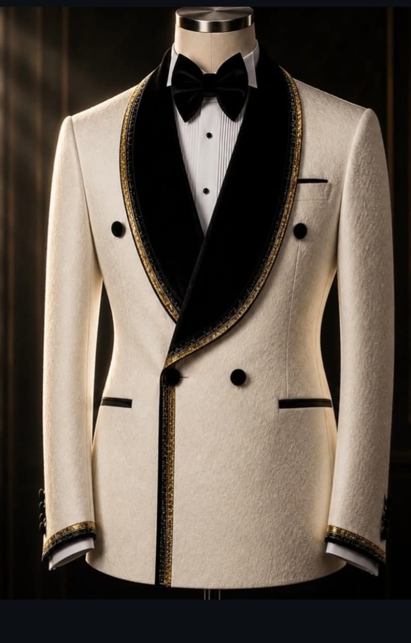 Classic Man 4piece black & cream trim with Gold suit. Special fabric